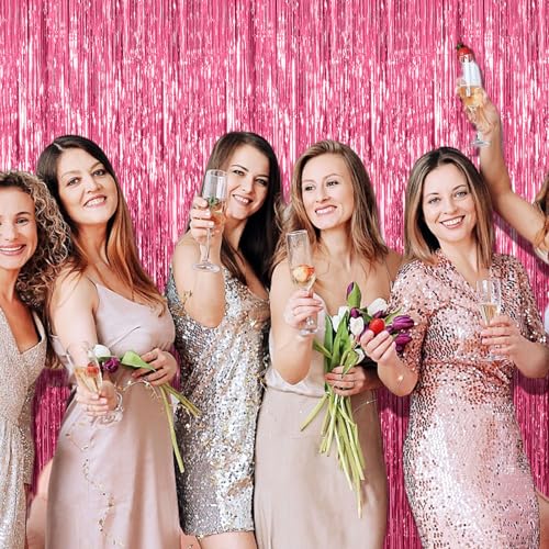 2 Pack Foil Curtain Backdrop Pink Metallic Tinsel Foil Fringe Curtains Photo Booth Props for Birthday Wedding Engagement Baby Shower Bachelorette Christmas Holiday Celebration Party Decorations - color: Pink, size: 2 Pcs