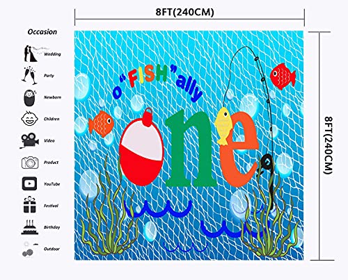 Gone Fishing 1st Birthday Party Customized Photography Backdrop, 8x8FT, O Fish Ally Blue Fishing Nets Bubbles Background, Photo Booth Studio Props BJYYLU358 - size: vinyl-8x8ft