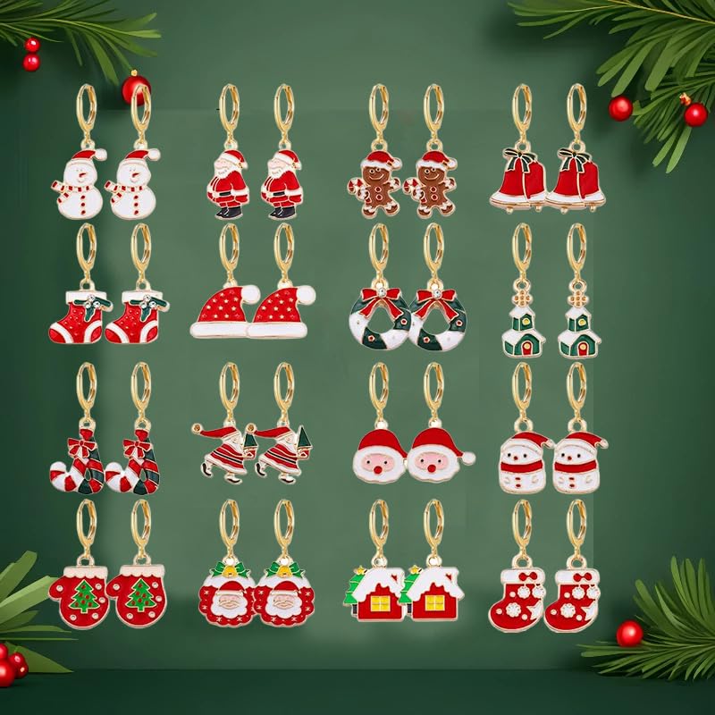 16 Pairs Christmas Reindeer Santa Hoop Earrings for Women Unique Winter Xmas Tree Snowflake Bow Bell Snowman Penguin Earrings Christmas New Year Jewelry Gifts - style: Snowman