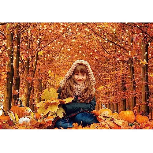 7x5FT Polyester Fall Autumn Photo Backdrop for Photography Autumn Forest Scenery Maple Leaves Pumpkins Background Fall Thanksgiving Day Friendsgiving Party Decorations Fabric - size: 7x5ft