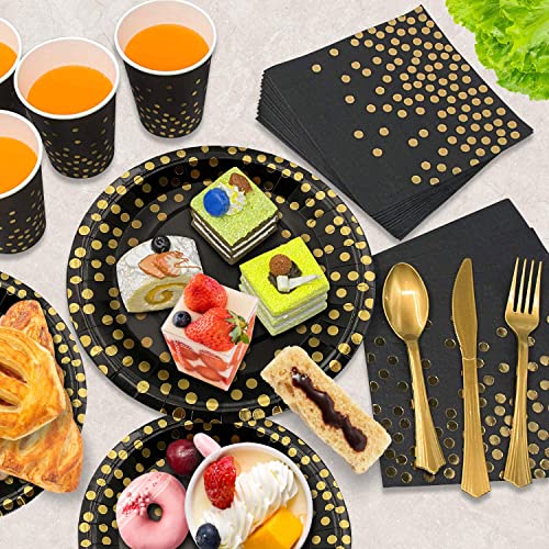 AIRE 175PCS Black and Gold Paper Plates Party Supplies for 25 Guests Disposable Party Decorations Dinnerware Golden Dot Black Paper Plates Napkins Cups Gold Plastic Forks Knives Spoons for Mothers Day - color: 175pcs Black and Gold