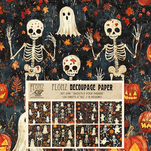 Decoupage Paper Pack (24 Sheets 6"x6") Ghostly Folk Parade ~ Naive Halloween Ghosts and Skeletons in Playful Digital Style with Orange-Black Backgrounds and Flat Layout - color: FourtyThree