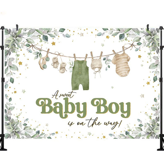 Boy Baby Shower 7x5ft Backdrop for Photography Oh Baby Greenery Watercolor Eucalyptus Leaves Cartoon Cute Background Party Decorations Cake Table Banner Decor Photo Booth Studio Props