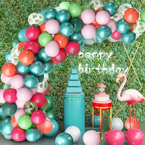 OuMuaMua Hawaiian Luau Party Decorations, Tropical Party Balloons, 68pcs Pink Green Rose Gold Palm Leaves Balloons for Summer Aloha Moana Flamingo Birthday Baby Shower Party Supplies, 12 Inch - color: Colorful