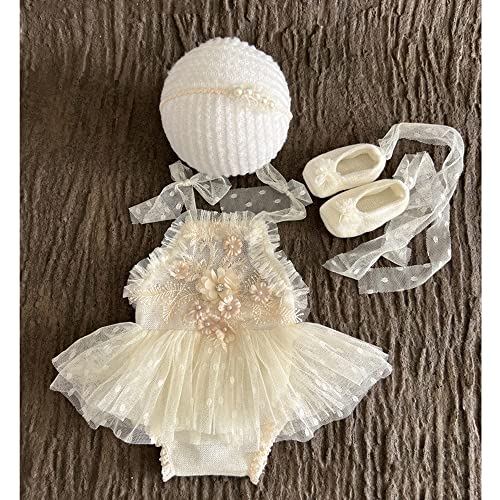 Zeroest Newborn Photography Prop Outfits Girl Lace Outfit Set Baby Girl Photo Shoot Infant Princess Photos - color: Light Beige