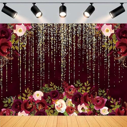 Red Rose Floral Theme Photography Backdrops Luxurious Vintage Red with Gold-Speckled Rose Backdrop Bridal Shower Wedding Anniversary Reception Ceremony Portrait Photo Booth Prop (C, 9 * 6feet) - color: C, size: 9*6feet