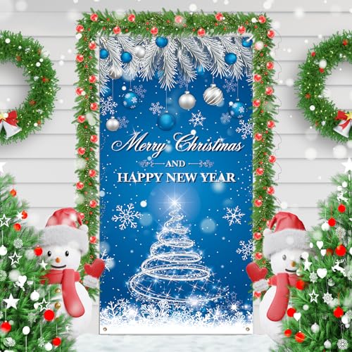Merry Christmas & Happy New Year Door Cover Decorations, Xmas Blue Door Banner for Front Door Party Sign Porch Decor Supplies Outdoor Indoor Photography Backdrop Photo Booth Props Winter Holiday