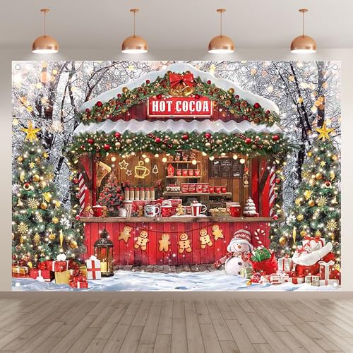 Fabric 7x5ft Christmas Hot Cocoa Bar Photography Backdrop Candy Shop Winter Snowman Scene Xmas Tree Chocolate Background Kids Family Party Decorations Photo Props - size: 7'x5'