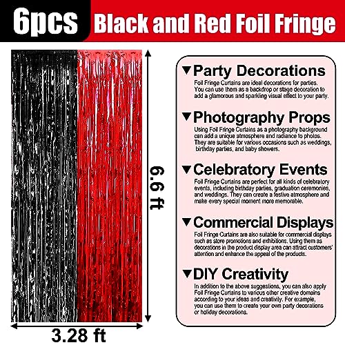 6 Pack Black Red Foil Fringe Curtain Backdrop, 3.28Ft x 6.6Ft Metallic Tinsel Foil Fringe Streamer Curtains for Photo Booth, Christmas Day, Thanksgiving, Wedding, New Year Party Decorations - color: Black Red