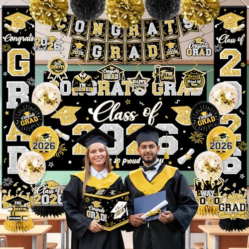 Graduation Decorations Class of 2026 Black and Gold Graduation Decorations with Congrats Grad Banner,Backdrop,Porch Sign,Balloons,Hanging Swirls,Honeycomb Centerpieces,Box for Graduation Party Decor - color: Black