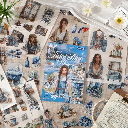 YagCu Stickers for Journaling, 20 Sheets Blue Art Junk Journal Sticker, PET Washi Materials Scrapbooking Supplies for Adults, People Women Transparent Decorative Crafts - color: Blue Art