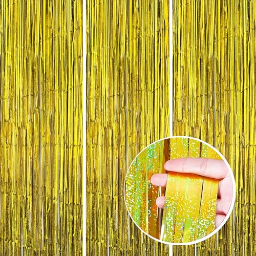 3 Pack Foil Curtain Backdrop 3.3x6.6 ft Tinsel Fringe Curtains for Parties Metallic Streamers Photo Booth Props,Wedding & Birthday,Holiday Decorations Disco,Bachelorette,Door Hanging Decor (Golden) - color: Golden