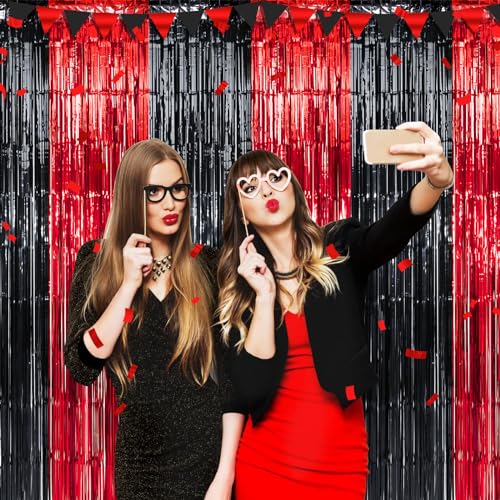 6 Pack 3.3Ft x 6.6Ft Graduation Foil Fringe Curtain Backdrop Decorations, Red Black Metallic Tinsel Foil Streamers Curtain Photo Booth Background for Graduation Prom Wedding Birthday Party Decorations - color: Red Black