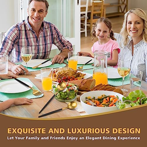 5-Piece Matte Black Gold Stainless Steel Large Hostess Set With Round Edge Satin Finish Dishwasher Safe - Large Serving Set Including Fork, Knife, Sugar Spoon And Slotted Spoon - color: Blackgold, size: 5-piece