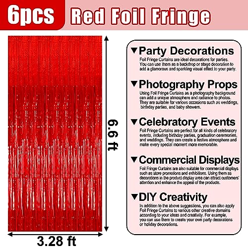 6 Pack Red Foil Fringe Curtain Backdrop, 3.28Ft x 6.6Ft Metallic Tinsel Foil Fringe Streamer Curtains for Photo Booth, Christmas Day, Thanksgiving, Wedding, New Year Party Decorations - color: Red