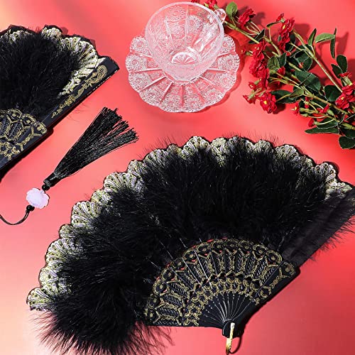 Namalu 2 Pieces Feather Hand Fan Embroidered Flower Marabou 1920s Feather Fan Hand Folding Drag Queen for 20s Women Costume Tea Party Dancing Photoshoot Wedding Decor(Black) - color: Black