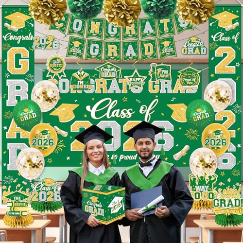 Graduation Decorations Class of 2026 Green and Gold Graduation Decorations with Congrats Grad Banner,Backdrop,Porch Sign,Balloons,Hanging Swirls,Honeycomb Centerpieces,Box for Graduation Party Decor - color: Green