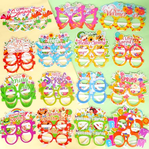 HOWAF 30pcs Hello Spring Photo Booth Props Paper Eyeglasses, Spring Flower Eyewear for Spring Party Decorations Supplies, Welcome Spring Butterfly Glasses Fame for Kids Birthday Favors