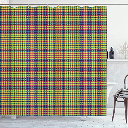 Ambesonne Plaid Shower Curtain, Traditional Style Artwork of a Repetitive Colorful Squared Pattern, Cloth Fabric Bathroom Decor Set with Hooks, 69" W x 70" L, Lime Green and Multicolor - color: Lime Green and Multicolor, size: 69" W x 70" L