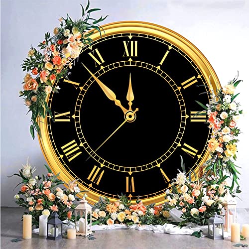 Polyester 5x5ft 2026 Happy New Year Round Backdrop Cover Luxury Black and Gold Clock Photography Background for New Year Eve Party New Year's Countdown Kids Adults Family Portrait Props - color: Black,Gold, size: 5x5ft-Diameter