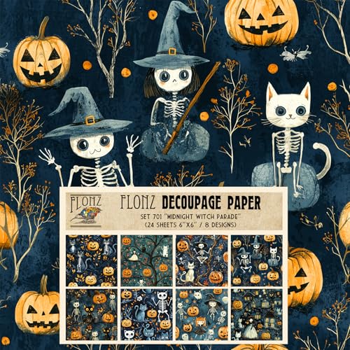 Decoupage Paper Pack (24 Sheets 6"x6") Midnight Witch Parade ~ Blue-Tinted Naive Halloween Scenes with Pumpkins, Skeletons, Witches and Spooky Animals - color: FourtySix