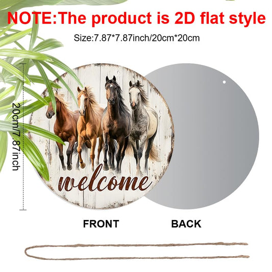 2D Flat, Welcome Sign with Four Running Horses – Rustic Wood Texture Background – Friendly Door Decor for Porch, Entryway or As A Gift for Horse Owners - color: Black and White, style: Modern