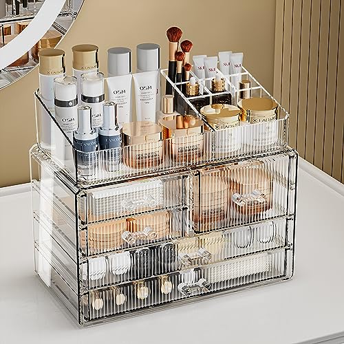ZHIAI Stackable Storage Drawers, Acrylic Bathroom Counter Organizer Clear Makeup Organizers for Vanity, Kitchen Cabinets, Bathroom, Undersink, Home Organization and Storage (2Top 3 Drawers,) - color: (2 Base, 3 Drawers) with Top
