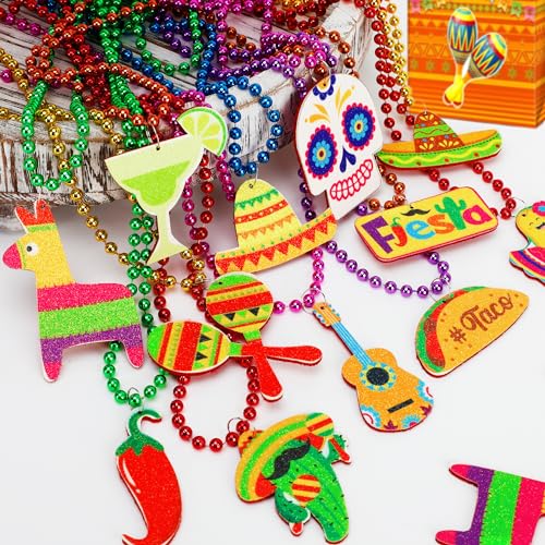 Cinco de Mayo Party Favors, 12PCS Fiesta Necklace Bead Favors, Mexican Metallic 12 Kinds of Cinco de Mayo Necklace Decorations, Fiesta Cactus Maracas Accessories for Mexican Carnival Party Supplies