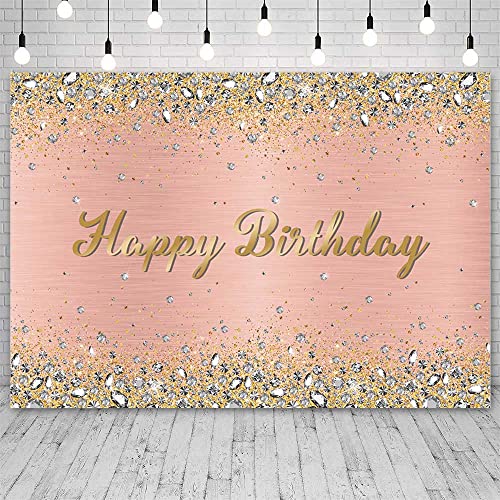 AIBIIN 8x6ft Happy Birthday Backdrop Rose Gold Pink Golden Dots Crystal Diamond Photography Background Girl Birthday Party Decorations Banner Cake Table Photo Booth Props - color: Rose Gold, size: 8X6ft