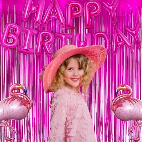 Hot Pink Party Streamers Backdrop - GREATRIL Shiny Fuchsia Tinsel Foil Fringe Curtain for Birthday/Flamingo/Fancy/Galentine/Breast Cancer Awareness Decorations - 3.2ft X 8.2ft - 2 Packs - color: Hot Pink