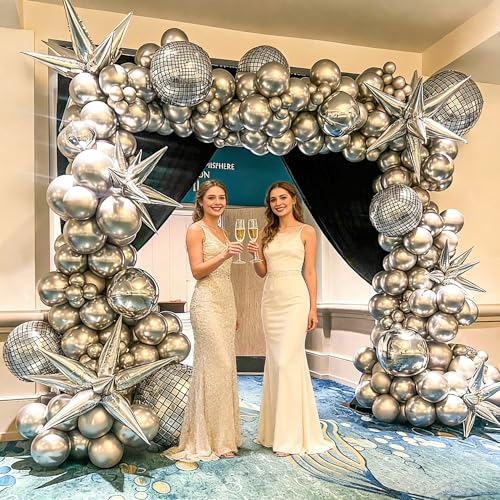 HILAVO 22 Inch Large 4D Metallic Silver Disco Ball Balloon with Explosion Star Foil Balloons for 70s 80s 90s Themed Party, Birthday, New Year, Graduation - color: Disco Ball Star