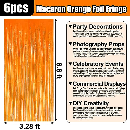 6 Pack Macaron Orange Foil Fringe Curtain Backdrop, 3.28Ft x 6.6Ft Metallic Tinsel Foil Fringe Streamer Curtains for Photo Booth, Christmas Day, Thanksgiving, Wedding, New Year Party Decorations - color: Macaron Orange