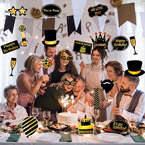 Qpout Black and Gold Photo Booth Props (35 Count) for Kids Adults Birthday Party - Funny Chic Selfie Props With Bamboo Sticks & Stickers