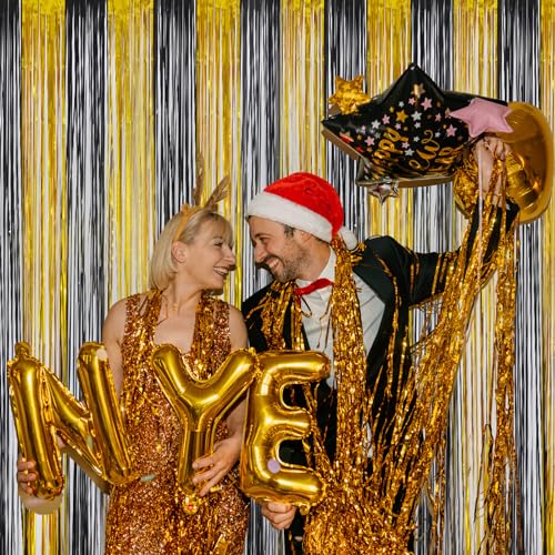 Melsan Black and Gold Fringe Curtain Photo Streamers Backdrop 3.2ft X 8ft for New Years EVE, Graduation, Retirement and Birthday Party Decorations - Pack of 2 - color: Black + Gold, size: 3.2 x 8 ft
