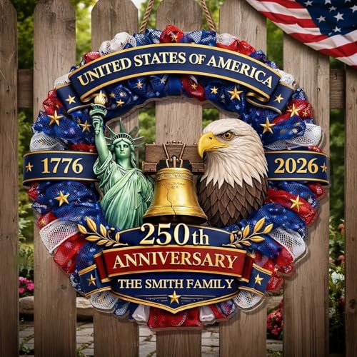 Personalized 250th Anniversary Patriotic Wood Wreath Door Sign 1776-2026, Custom Family Name Round Door Hanger, Independence Decor, Decoration Gifts, Gift For Mom, Dad, Brother, Family /9 - color: Design 09
