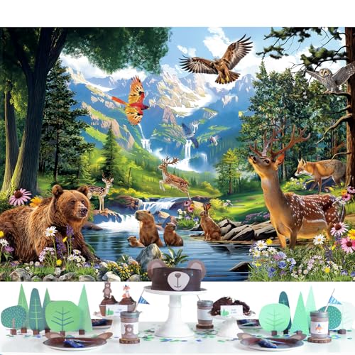 Wild Animal Backdrop 7Wx5H Feet Rainforest Mountain Safari Jungle Tapestry Tropical Tree Woodland Wall Hanging Polyester Fabric Photography Backgrounds Photo Shoot Decor Props Decoration - color: E-Animals, size: 7Wx5H