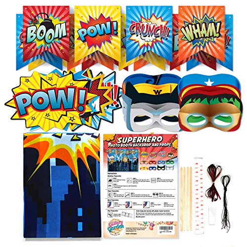 Superheroes Theme Party Photography Backdrop with Prop, Flag & Mask. Super Hero Cityscape Photo Booth Background for Kids Party, Birthday Wall Decorations - size: 4.5*6.1 feet