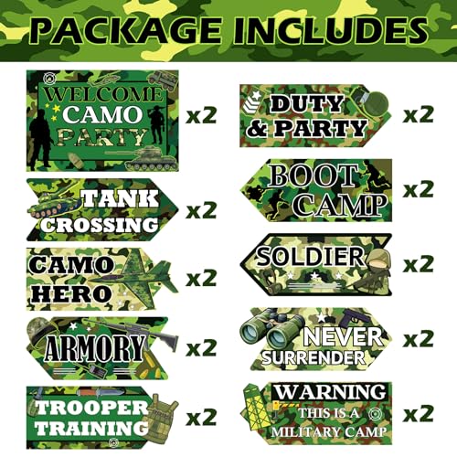 Hooqict 20 Pieces Camo Party Signs Army Birthday Party Decorations Camouflage Military Birthday Party Supplies for Boys Men Army Themed Directional Sign - style: Camo