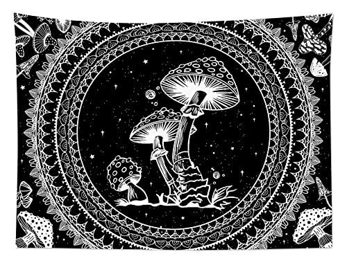 SCECALA Black and White Tapestry Wall Hanging Funny Mushroom with Boho Mandala Pattern Aesthetic Tapestries Vintage Botanical Blanket for Bedroom Living Room Dorm Home Decor 92.5x70.9 Inch - color: Black and White, size: 70.9"L x 92.5"W