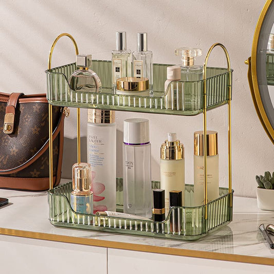 shuang qing Bathroom Counter Organizer Countertop Storage, Cosmetics Skincare Shelf, Makeup Organizer Perfume for Dresser Vanity Tray, Spice Rack for Kitchen(2 Tier-Green) - color: Gem Green, size: Standard-2 Tier