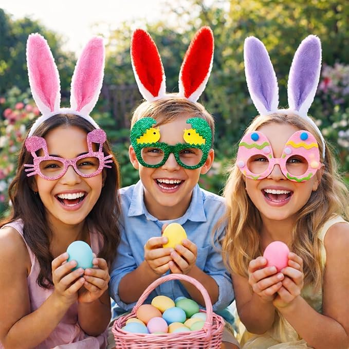 Easter Headbands and Glasses Set, 6PCS Bunny Ear Headbands & Funny Easter Glasses, Cute Photo Props for Easter - color: A