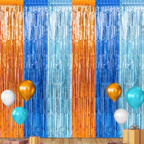 6 Pack 3.3X6.6Ft Blue Dog Foil Fringe Curtains Backdrop Decorations, Orange and Light Blue Birthday Party Tinsel Metallic Streamers Photo Booth Background for Dog Theme Party Supplies - color: Orange Blue