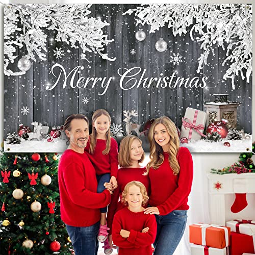 Christmas Wood Photography Backdrop Merry Christmas Santa Claus Gifts Background Rustic Barn Snowflakes Photo Background for Winter Holiday Home Decor Xmas Party Photography Props, 73 x 43 Inches