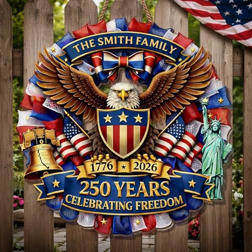 Personalized 250th Anniversary Patriotic Wood Wreath Door Sign 1776-2026, Custom Family Name Round Door Hanger, Independence Decor, Decoration Gifts, Gift For Mom, Dad, Brother, Family /16 - color: Design 16