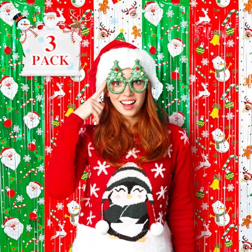 3 Pack Printed Christmas Foil Fringe Curtains, Red Green Tinsel Backdrop with Santa & Reindeer Patterns - Photo Booth Props for Ugly Sweater Party, Christmas in July & Winter Holiday Decor - color: Red, Green, White.