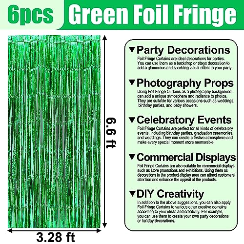 6 Pack Green Foil Fringe Curtain Backdrop, 3.28Ft x 6.6Ft Metallic Tinsel Foil Fringe Streamer Curtains for Photo Booth, Christmas Day, Thanksgiving, Wedding, New Year Party Decorations - color: Green