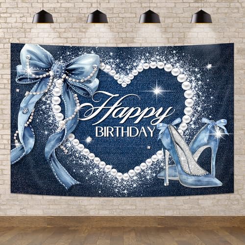 Newsely Denim and Diamonds Bow Backdrop 5Wx3H Photography Silver High Heels Happy Birthday Banner Pearl for Women Girls Background Blue Coquette Party Decorations Banner Photo Booth Props Supplies - color: C-blue bow, size: 5Wx3H