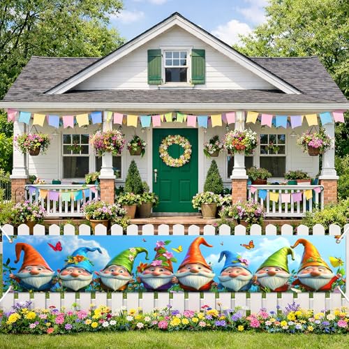 BlissYard Spring Funny Garden Gnome Banner 118x20 Inches Front Door Patio Yard Fence Wall Photo Backdrop Floral Seasonal Party Supplies Photography Spring Summer Outdoor Party Decoration - color: Spring Decorations Banner #001, size: 118x20 Inch