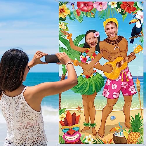 Capoda Hawaiian Party Decorations Luau Couple Photo Prop Hawaiian Photo Backdrop Background Tropical Beach Prop Couple Door Banner for Summer Luau Party Favors Supplies