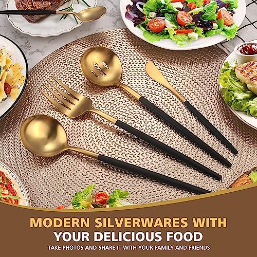 5-Piece Matte Black Gold Stainless Steel Large Hostess Set With Round Edge Satin Finish Dishwasher Safe - Large Serving Set Including Fork, Knife, Sugar Spoon And Slotted Spoon - color: Blackgold, size: 5-piece